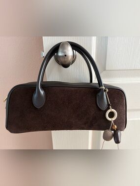 Dark Brown Suede Shoulder Bag with Leather Trim with charm- made in Italy